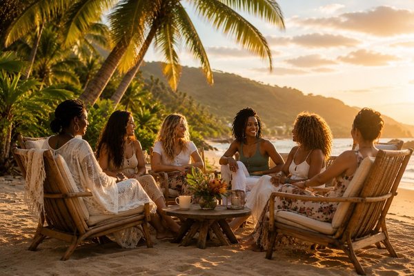 Retreat guests in conversation under the palms at golden hour