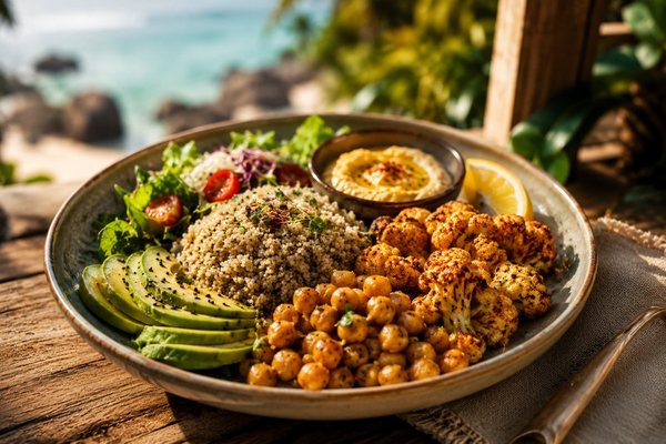Plant-based grain bowl served overlooking the ocean